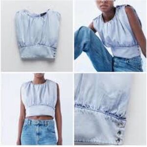 Zara cropped draped light wash denim top women’s XS